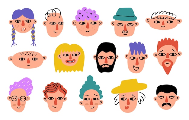 Vector big set hand drawn different characters face isolated on white background trendy funny cartoon head