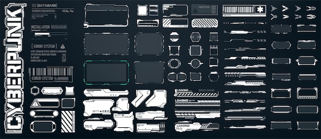 Vector big set of sci fi modern user interface elements futuristic abstract hud frame screen button loading text isolated on black background gui elements for game data information infographic vector