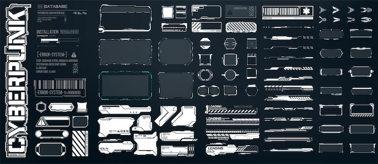 Big set of Sci Fi modern user interface elements futuristic abstract HUD frame screen button loading text isolated on black background GUI elements for game Data information infographic Vector