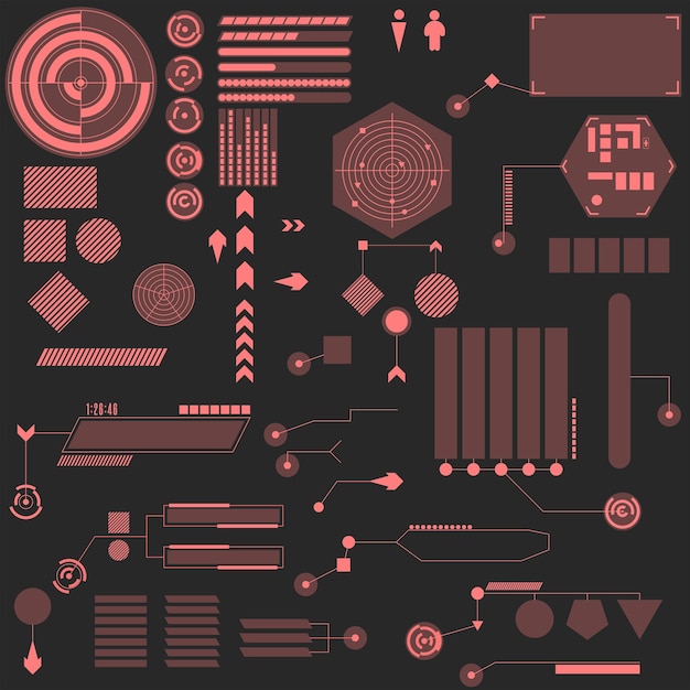 Vector big set visual interface for a computer game in hud style futuristic indicator information panel status bar callout bar call box coral color