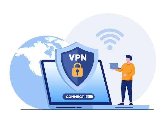 Vector big shield with vpn software or plugin app for secure connection data encryption virtual private network remote server cloud technology flat vector illustration