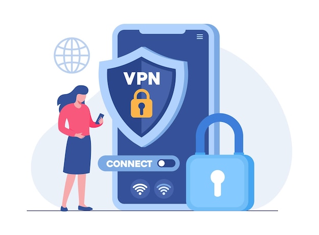 Vector big shield with vpn software or plugin app for secure connection data encryption virtual private network remote server cloud technology flat vector illustration