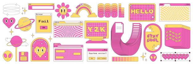 Vector big sticker set in trendy y2k style. old computer aestethic. retro pc elements, user interface.