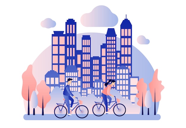 Vector bike rental. background the city with skyscrapers. flat cartoon style. vector illustration