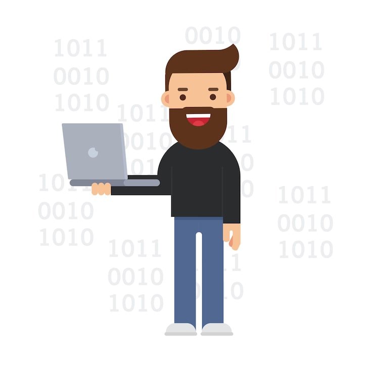 Binary Coding Happy Programmer Man with Laptop