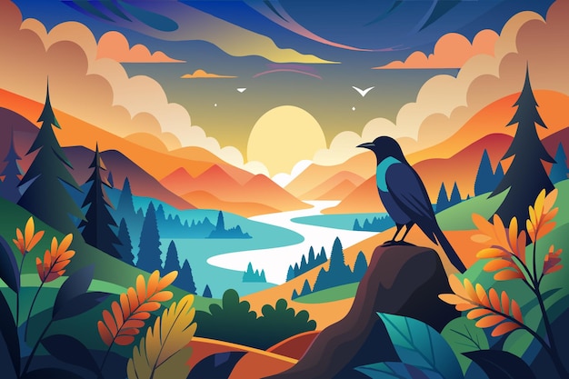 Vector a bird is perched on a rock overlooking a river