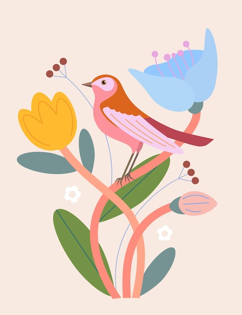 Vector a bird sits on branches with flowers on a beige background