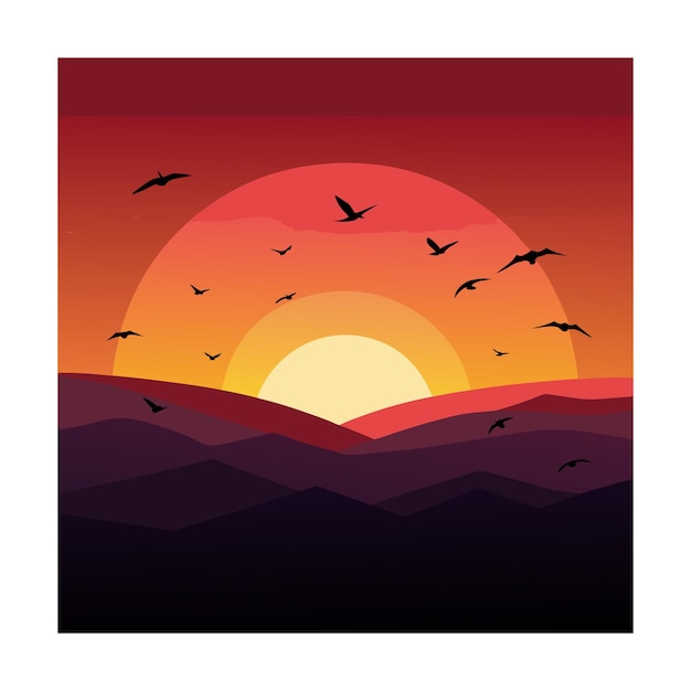 Vector birds flying over the sunset landscape