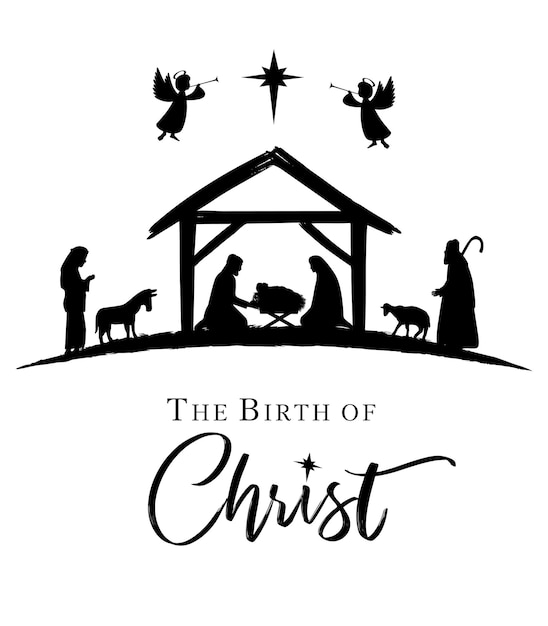 Vector the birth of christ, nativity scene with holy family. mary, joseph, jesus and shepherds. vector card