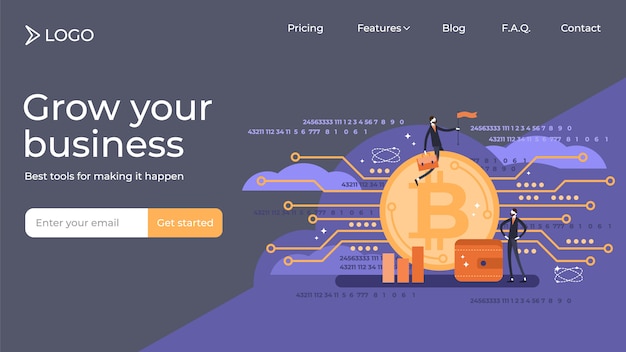 Vector bitcoin flat mini persons vector illustration landing page template design.