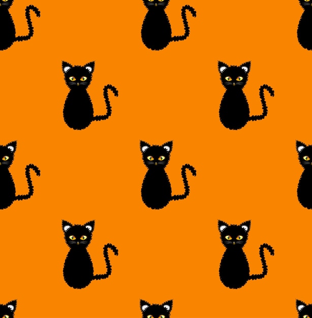 Vector black cat seamless on orange background