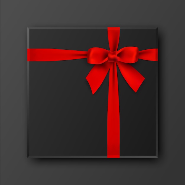 Vector black gift box with red bow and ribbon