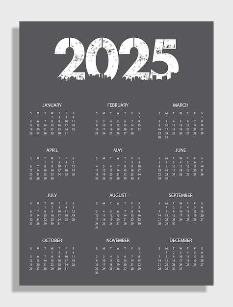 Vector a black and white calendar with the year 2025 on it