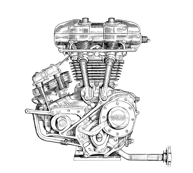 Vector a black and white drawing of a harley davidson engine.