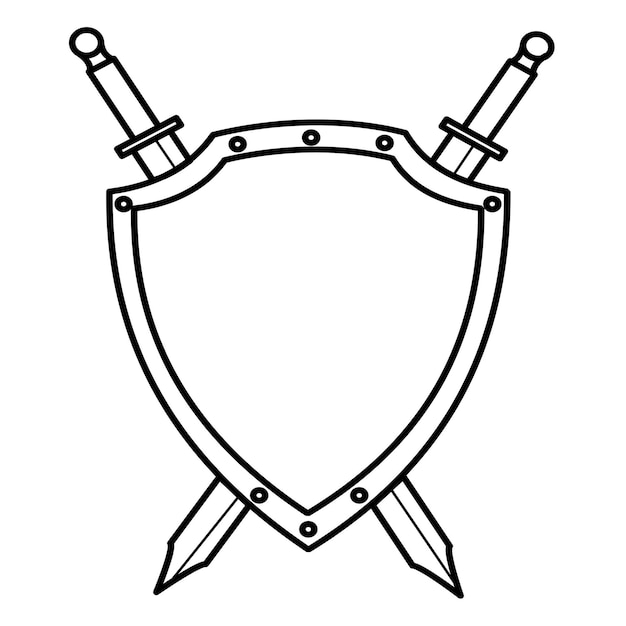 a black and white drawing of two swords and a shield