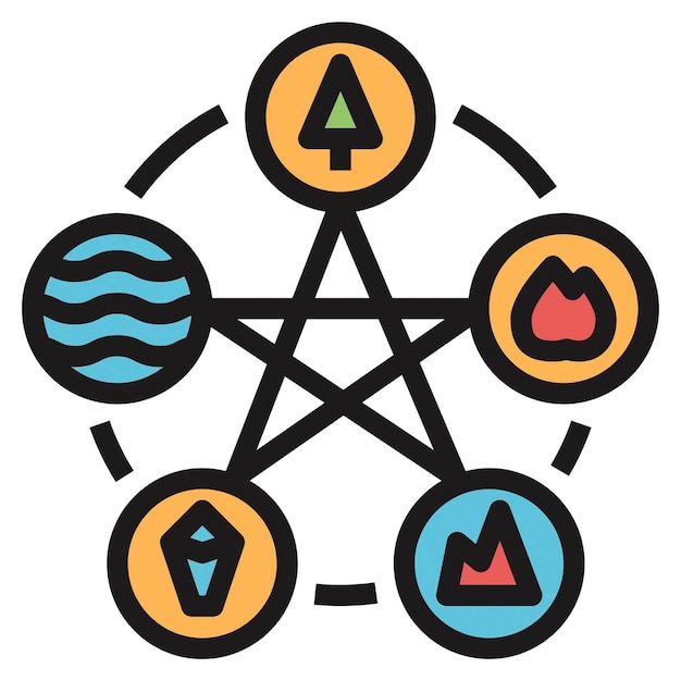 Vector a black and white image of a pentagram with five different symbols