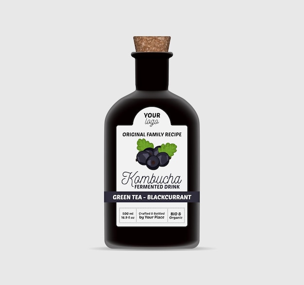 Vector blackcurrant kombucha label template tea bottle packaging isolated
