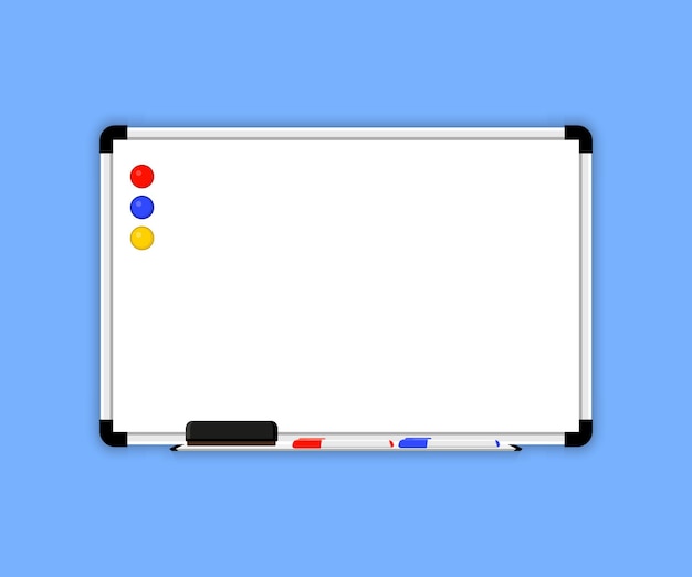 Vector blank whiteboard with markers eraser and magnets