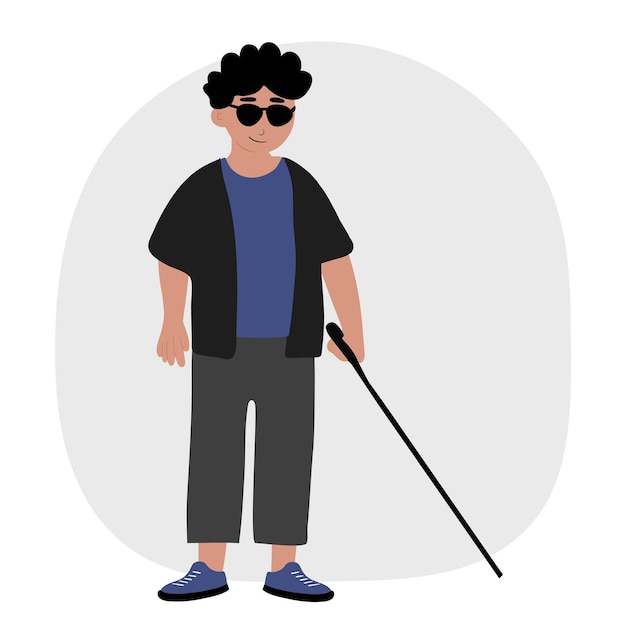 Vector blind boy with his stick guide walking outside