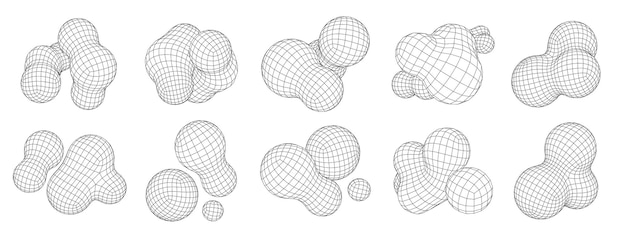 Vector blob 3d wireframe shapes polygonal organic objects fluid digital sphere clusters mesh forms and futuristic abstract molecular structures geometric blobs vector set with editable stroke path