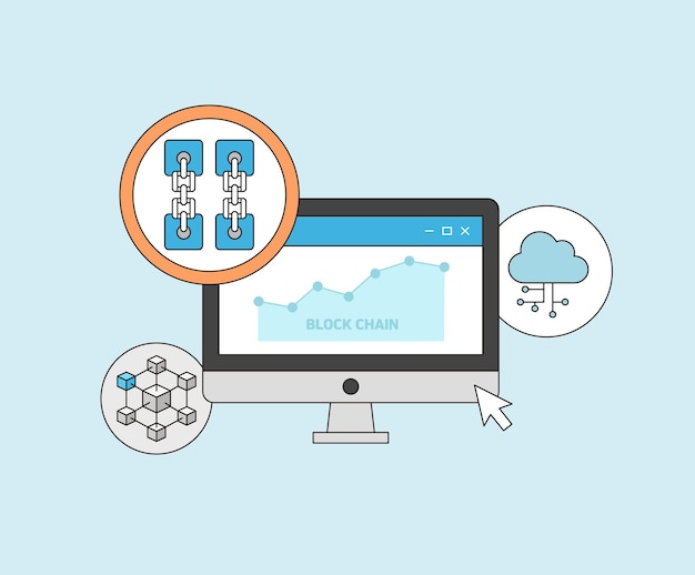 Vector blockchain and bitcoin illustration set icon cube connection chart digital money vector drawing