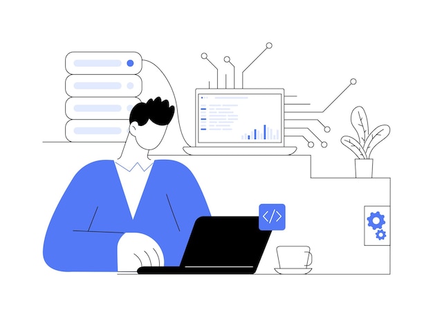 Vector blockchain engineer abstract concept vector illustration professional blockchain engineer with laptop at work digital solutions modern technology computing process abstract metaphor