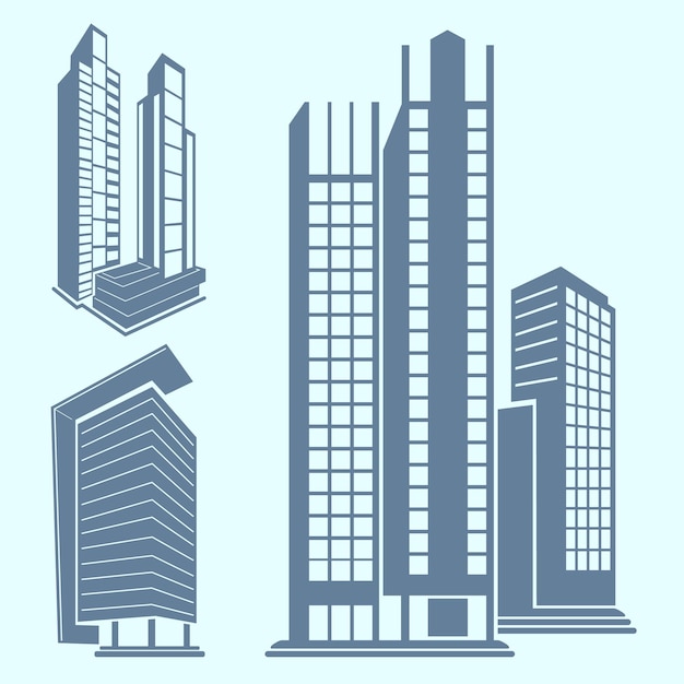 Vector blue buildings with silhouette collection