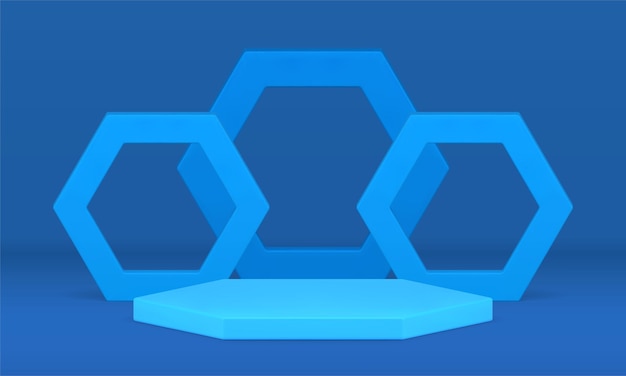 Vector blue hexagonal scene event podium polygonal pedestal frame border 3d design realistic vector