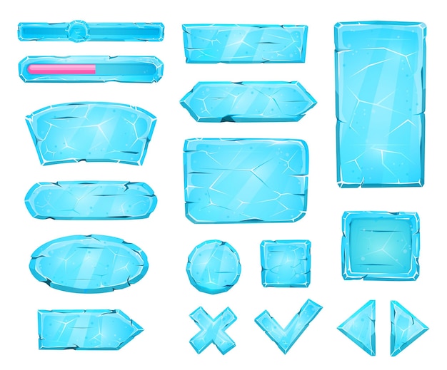 Vector blue ice buttons sliders and arrow keys game asset vector crystal user panel interface game asset blue ice for ui and gui buttons keys and sliders cartoon menu with power levels and arrows