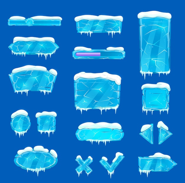 Vector blue ice crystal buttons, sliders, arrows and keys with snow and icicles. vector game asset, user menu panel interface. iced textured blocks, ui gui graphic design elements, frozen cartoon buttons