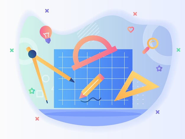 Vector blue print concept plan tools bow ruler triangle pencil paper work with flat style.