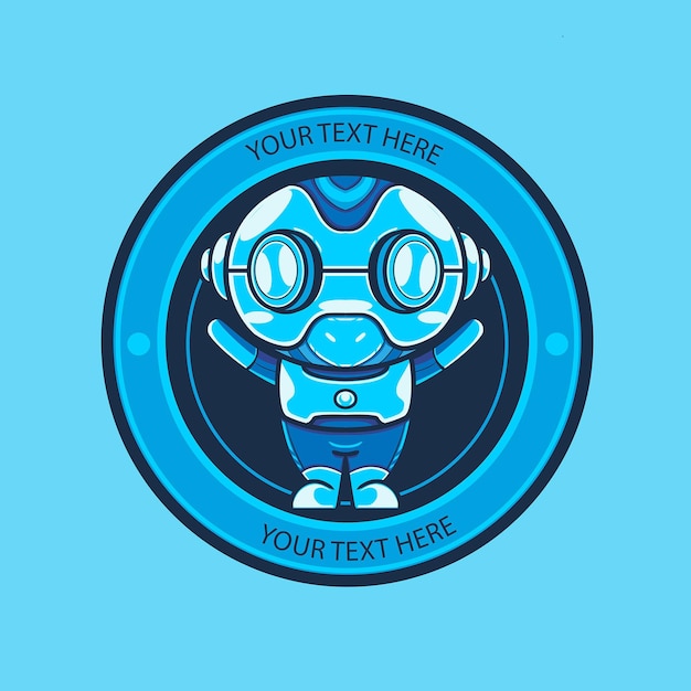 Vector blue robot with a blue circle and text in the middle.