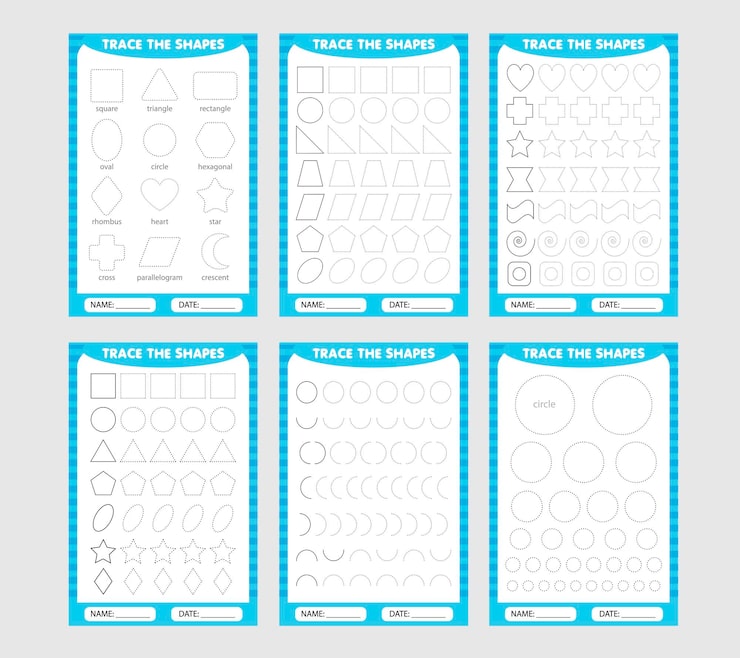Vector blue set of trace the geometric shapes around the contour learning for children drawing tasks