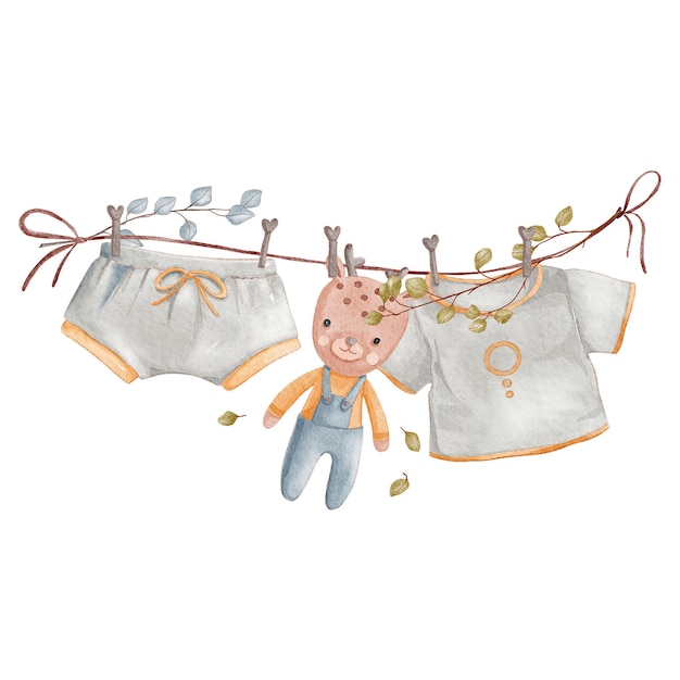 Vector boho baby watercolor illustration. vintage kids apparel and toys. retro baby clothes on shoulder.