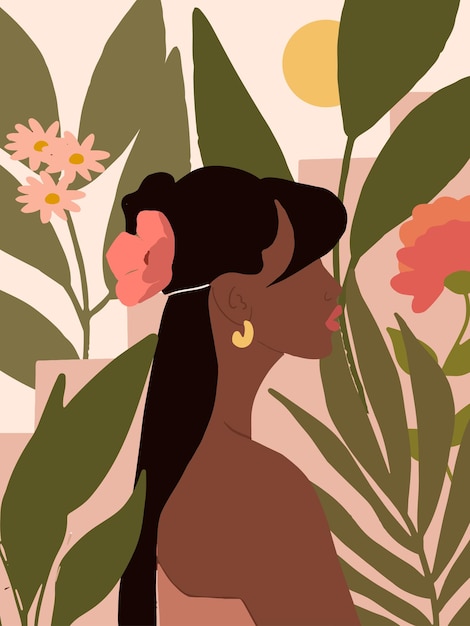 Vector boho hand painted cover with tropical tree branch flowers and black woman portrait