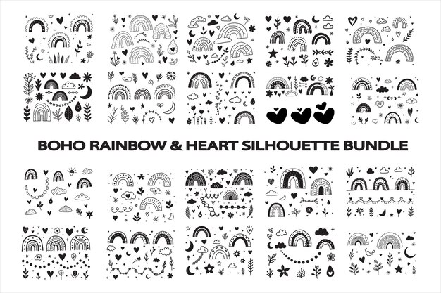 Vector boho rainbow and heart silhouette bundle