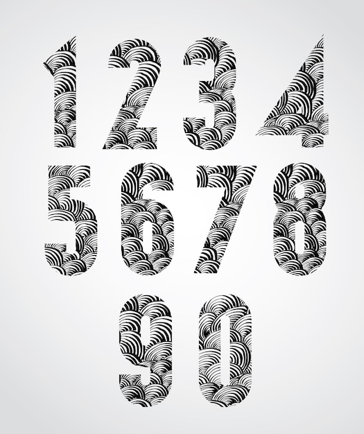 Vector bold condensed poster style numbers with hand drawn lines pattern