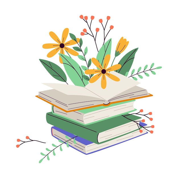 Vector books stack with fresh flower sand leaves 2d cartoon objects