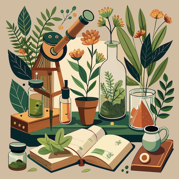 Vector botanists study collection plants books and science equipment