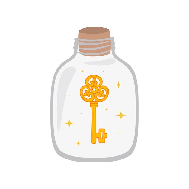 Vector bottle with key inside. concept password protection. vector illustration isolated on white background.