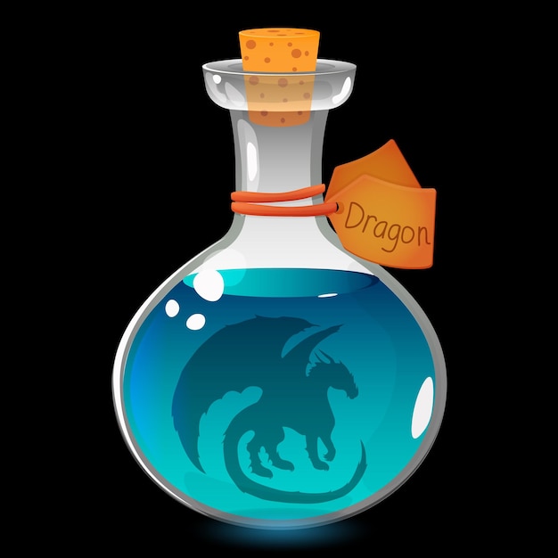 Vector a bottle with a magic dragon a green potion in a cartoon style vector year of the dragon