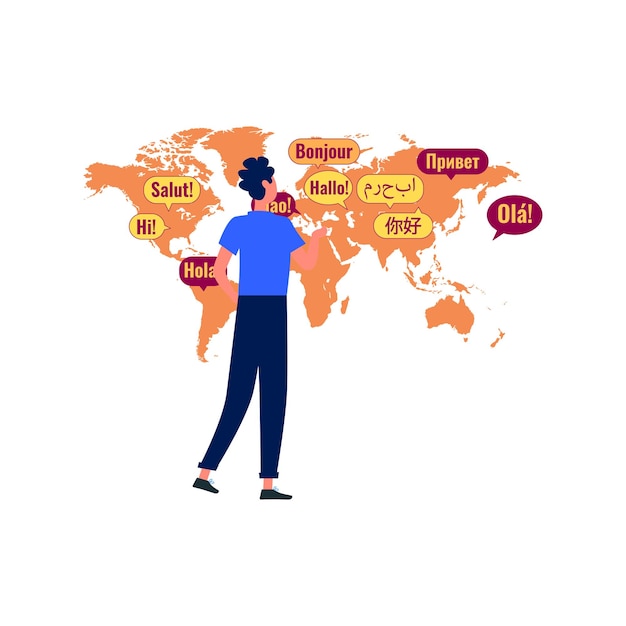 Vector a boy is looking at the global map