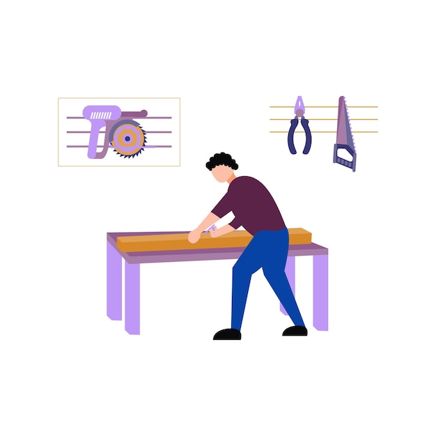 Vector the boy is working with wood