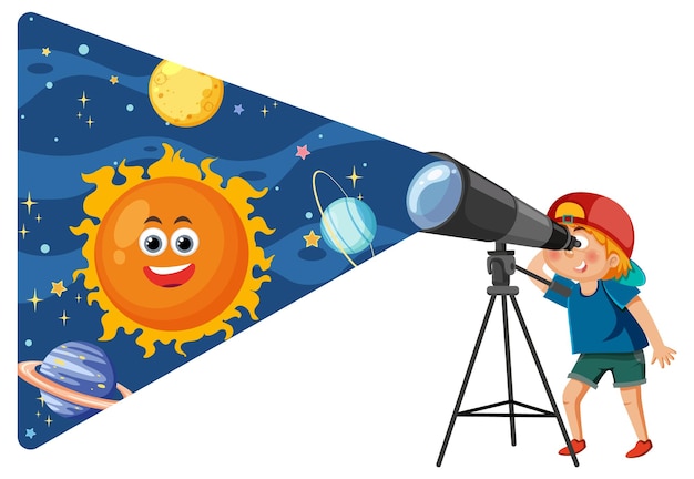 Vector boy observing the sky through telescope