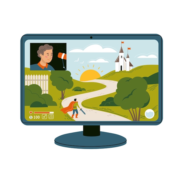 Vector boy playing and streaming in fantasy game videogame concept