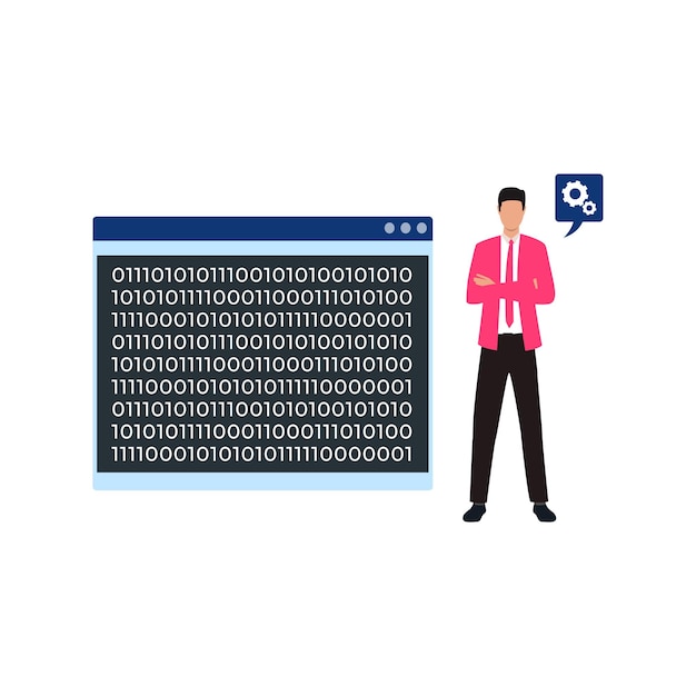 Vector boy standing with binary coding of web page