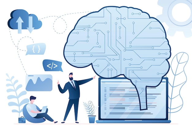 Vector brain with digital circuit and programmers on workplace laptop display with lines of machine code