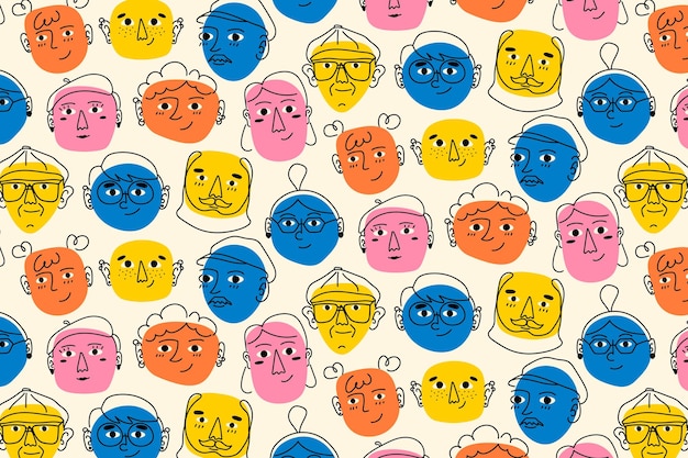 Vector bright handdrawn faces vector seamless pattern with retro doodle characters