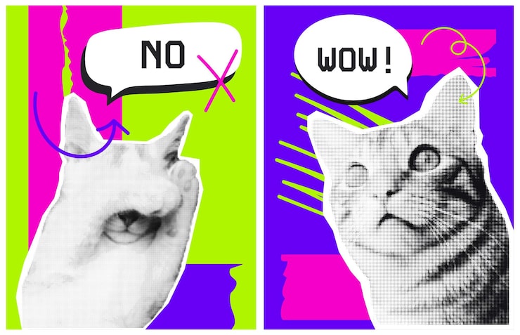 Vector bright posters with cats with a halftone effect