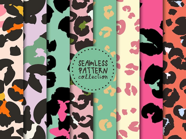 Vector bright set of seamless patterns fashion backgrounds with leopard spots in vector